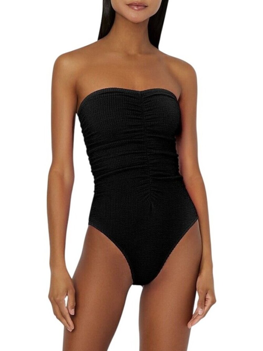NWT Milly One-Piece Strapless Swimsuit Sz S Black Ruched Quiet Luxury Minimalist